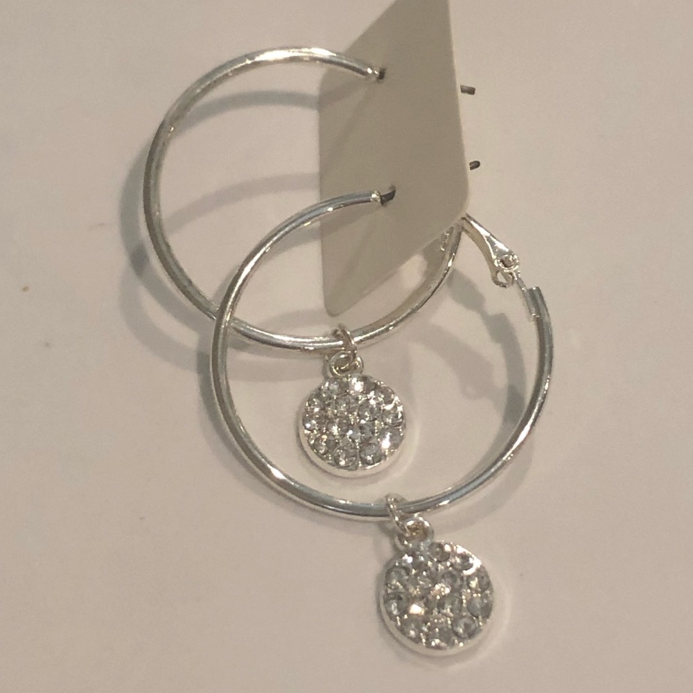 Silver Tone Hoop Earrings w/ Crystal Coin - Picture 4 of 4